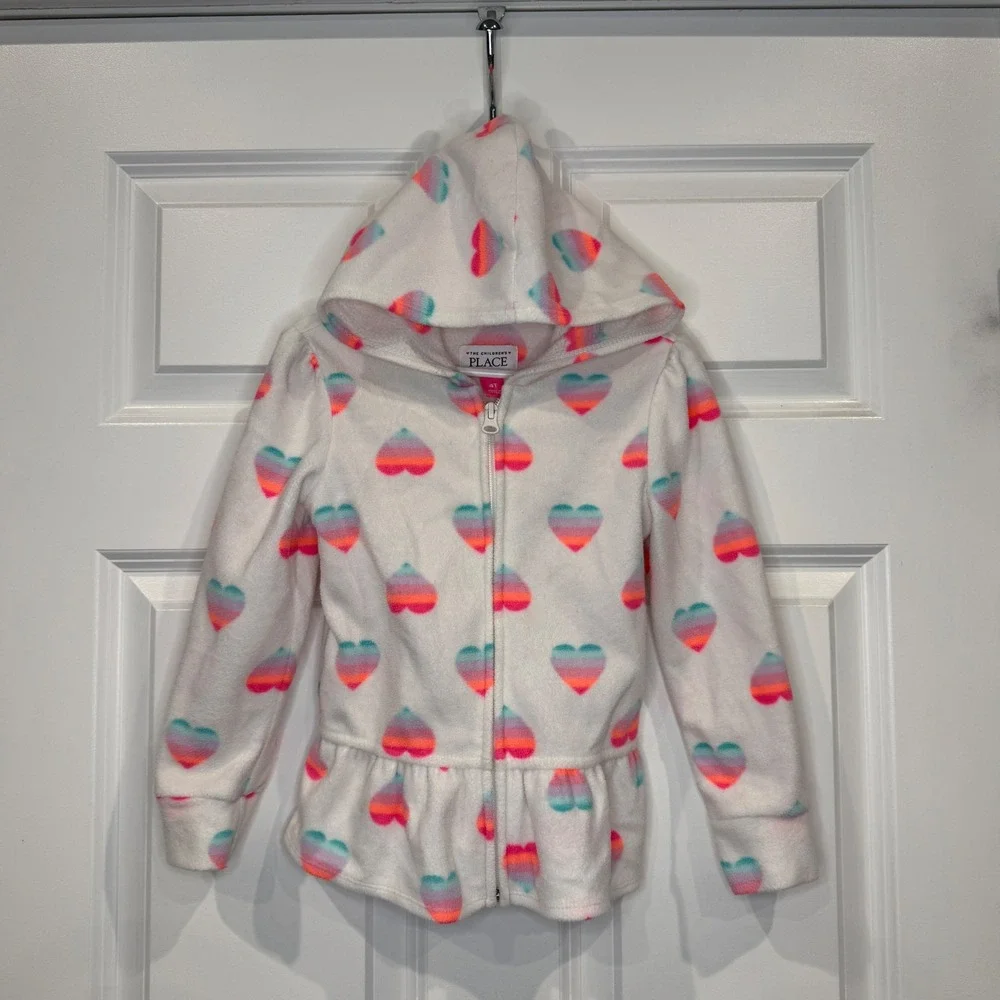 The Childrens Place Girls Fleece Zip Up Hoodie Rainbow Ombre Hearts Size 4T